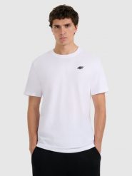4F T-shirt regular gładki męski - biały M. Białe t-shirty męskie 4f, m, bez wzorów, bez kołnierzyka, bez ramiączek. Za 49.99 zł.