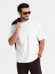 Męski bawełniany t-shirt LOOSE FIT z okrągłym dekoltem – kremowy V2 - Rozmiar: XXL. Białe t-shirty męskie Ombre Clothing, l, bez wzorów, z bawełny, bez kołnierzyka, bez ramiączek. W wyprzedaży za 69.99 zł.