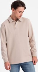 Ombre Bluza męska z kołnierzykiem polo ze strukturalnej dzianiny - beżowa V2 OM-SSNZ-0149 S. Brązowe bluzy nierozpinane męskie Ombre, m, bez wzorów, z dzianiny, bez ramiączek, bez kaptura. Za 169.99 zł.