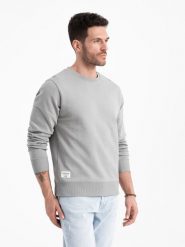 Bluza męska dresowa BASIC z okrągłym dekoltem - szara V8. Szare bluzy nierozpinane męskie Ombre Clothing, m, bez wzorów, z bawełny, bez ramiączek, bez kaptura. W wyprzedaży za 109.49 zł.