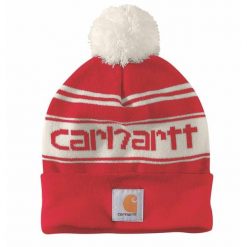 Czapka zimowa z pomponem Carhartt Knit Pom-Pom Cuffed Logo Beanie. Czerwone czapki męskie Carhartt, na zimę, bez wzorów, sportowe. Za 106.00 zł.