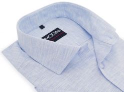 Błękitna koszula męska z krótkim rękawem - melanż DK5. Niebieskie koszule męskie Modini Moda Męska, m, bez wzorów, z bawełny, bez kołnierzyka, bez ramiączek. W wyprzedaży za 148.50 zł.