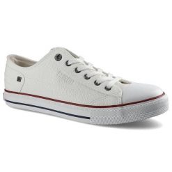 Trampki męskie Big Star, sznurowane z syntetyczną cholewką wzmocnionym noskiem metalowymi oczkami oraz gumową podeszwą, białe, II174001. Białe trampki męskie Big Star, bez wzorów, z gumy, biznesowe, bez zapięcia. Za 95.00 zł.