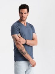 Męska klasyczna bawełniana koszulka z dekoltem w serek BASIC – niebieski melanż V18 - Rozmiar: L. Niebieskie t-shirty męskie Ombre Clothing, l, bez wzorów, z bawełny, bez kołnierzyka, bez ramiączek. W wyprzedaży za 24.99 zł.