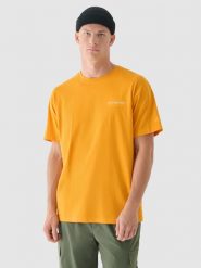 4F T-shirt oversize z nadrukiem męski - pomarańczowy M. Brązowe t-shirty męskie 4f, m, bez wzorów, z bawełny, bez kołnierzyka, bez ramiączek. Za 79.99 zł.