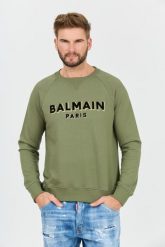 BALMAIN Zielona bluza Flock&foil Sweatshirt. Zielone bluzy nierozpinane męskie Balmain, l, bez wzorów, bez ramiączek, bez kaptura. W wyprzedaży za 2,199.99 zł.