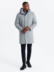 Monochromatyczny długi męski płaszcz z kapturem – szary melanż V1 - Rozmiar: XL. Szare płaszcze męskie Ombre Clothing, m, bez wzorów, z materiału, eleganckie, z kapturem. W wyprzedaży za 412.49 zł.