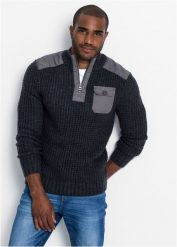 Sweter ze stójką z grubej dzianiny ze wstawkami. Szare swetry męskie bonprix, bez wzorów, z dzianiny, bez kołnierzyka, bez ramiączek. Za 124.99 zł.