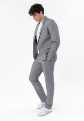 Materiałowe spodnie z lnem R-TONI. Szare eleganckie spodnie męskie Volcano, bez wzorów, z materiału, eleganckie. Za 199.99 zł.