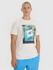 4F T-shirt regular z nadrukiem męski - beżowy S. Brązowe t-shirty męskie 4f, m, bez wzorów, z bawełny, bez kołnierzyka, bez ramiączek. Za 59.99 zł.