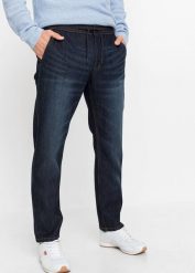 Lekkie jeansy ze stretchem z gumką w talii, regular fit straight. Niebieskie jeansy męskie bonprix, bez wzorów, z denimu. Za 149.99 zł.