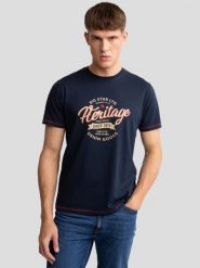 Koszulka męska z nadrukiem granatowa Jaman 403. Niebieskie t-shirty męskie Big Star, l, bez wzorów, z bawełny, bez kołnierzyka, bez ramiączek. W wyprzedaży za 39.99 zł.