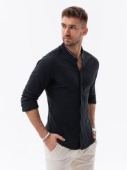 Bawełniana koszula męska SLIM FIT ze stójką w kolorowe paski – czarna V4 - Rozmiar: XXL. Czarne koszule męskie Ombre Clothing, m, bez wzorów, z bawełny, bez kołnierzyka, bez ramiączek. W wyprzedaży za 109.99 zł.