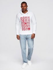 Nierozpinana męska bluza kangurka z kapturem i nadrukiem - biała V3 - Rozmiar: XL. Białe bluzy nierozpinane męskie Ombre Clothing, m, bez wzorów, z bawełny, z kapturem. W wyprzedaży za 49.99 zł.