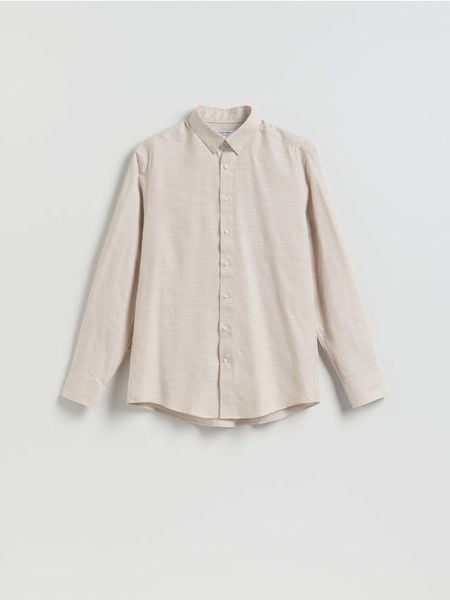 Gładka koszula regular fit - beżowy. Brązowe koszule męskie Reserved, l, bez wzorów, z bawełny, bez kołnierzyka, bez ramiączek. Za 139.99 zł.