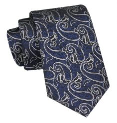 Elegancki Krawat Męski Angelo di Monti - Wzór Paisley na Granatowym Tle. Niebieskie krawaty i muchy męskie Angelo di Monti, bez wzorów, z tkaniny, eleganckie. Za 45.00 zł.