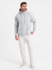 Męskie dresowe spodnie joggery na gumce z przeszyciami – białe V4. Białe spodnie dresowe męskie Ombre Clothing, z aplikacjami, z dresówki. W wyprzedaży za 89.99 zł.