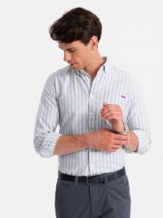 Koszula męska REGULAR FIT w białe paski z kieszonką – szara V1 - Rozmiar: L. Szare koszule męskie Ombre Clothing, l, bez wzorów, z bawełny, bez kołnierzyka, bez ramiączek. W wyprzedaży za 119.99 zł.