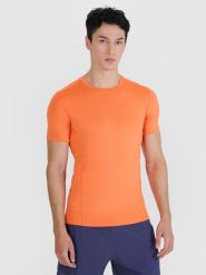 4F Koszulka do biegania slim szybkoschnąca męska - pomarańczowa L. Brązowe t-shirty sportowe męskie 4f, l, bez wzorów, z dzianiny, klasyczne, bez ramiączek. Za 79.99 zł.