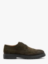 Oliwkowe półbuty ze skóry welurowej. Zielone eleganckie półbuty męskie Ryłko, ze skóry, bez obcasa, bez zapięcia. Za 499.99 zł.