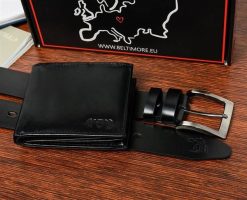 Zestaw męski skórzany premium Beltimore portfel pasek klasyczny U32 : Kolory - czarny, Rozmiar pasków - r.115-130 cm. Czarne paski męskie bez wzorów, klasyczne. Za 114.90 zł.