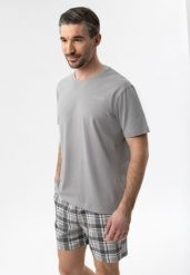 Piżama męska z szortami U-SEN. Szare piżamy męskie Volcano, l, bez wzorów, z bawełny, bez kołnierzyka, bez ramiączek. Za 109.99 zł.