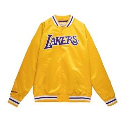 Satynowa bluza dresowa Los Angeles Lakers. Żółte bluzy nierozpinane męskie Mitchell & Ness, bez wzorów, z dresówki, sportowe, bez ramiączek, bez kaptura. Za 477.50 zł.