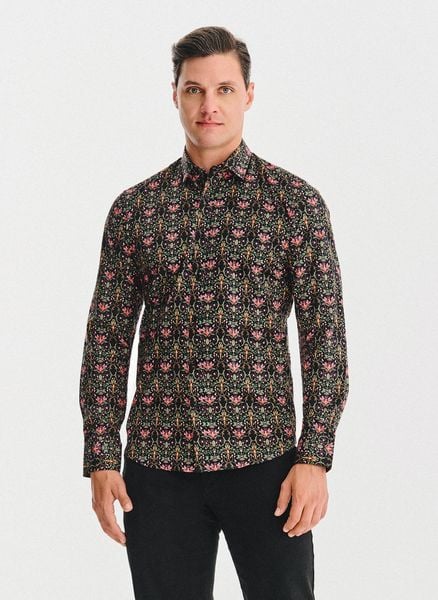 PAKO LORENTE - Czarna koszula w kolorowe kwiaty. Czarne koszule męskie Pako Lorente, xl, bez wzorów, z bawełny, bez kołnierzyka, bez ramiączek. Za 119.99 zł.