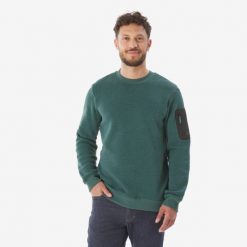 Sweter turystyczny męski Quechua NH100. Zielone swetry męskie QUECHUA, bez wzorów, z bawełny, sportowe, bez kołnierzyka, bez ramiączek. Za 89.99 zł.
