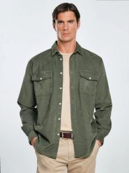 Koszula męska z drobnego sztruksu khaki Cordwis 303. Zielone koszule męskie Big Star, l, bez wzorów, z jeansu, bez kołnierzyka, bez ramiączek. Za 259.99 zł.
