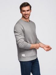 Bluza męska dresowa BASIC z okrągłym dekoltem - szara V8 - Rozmiar: S. Szare bluzy nierozpinane męskie Ombre Clothing, m, bez wzorów, z bawełny, bez ramiączek, bez kaptura. W wyprzedaży za 109.49 zł.