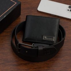 Zestaw prezentowy męski skórzany pasek portfel pudełko premium czarny Beltimore Z20. Czarne portfele męskie bez wzorów. Za 129.99 zł.