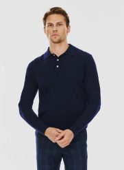PAKO LORENTE – Męski granatowy sweter z kołnierzykiem polo. Niebieskie swetry męskie Pako Lorente, bez wzorów, z wełny, bez kołnierzyka, bez ramiączek. Za 159.99 zł.