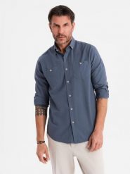 Męska koszula lniana z klasycznym kołnierzykiem i kieszeniami REGULAR FIT – niebieska V4. Niebieskie koszule męskie Ombre Clothing, na lato, l, z aplikacjami, z bawełny, bez kołnierzyka, bez ramiączek. W wyprzedaży za 164.99 zł.