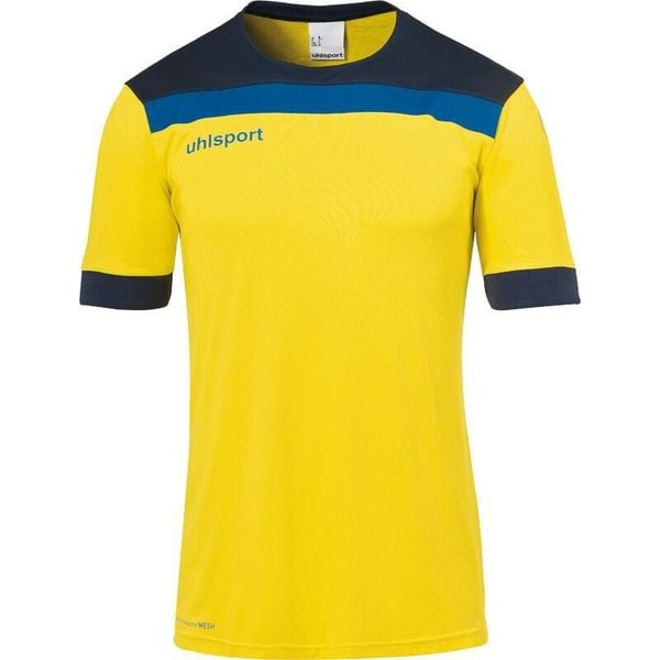 Polo Uhlsport Offense 23. Niebieskie koszulki polo męskie Uhlsport, bez wzorów, z materiału, sportowe, bez kołnierzyka, bez ramiączek. W wyprzedaży za 87.75 zł.