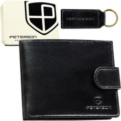 Zestaw prezentowy: czarny, skórzany portfel męski i brelok - Peterson. Czarne portfele męskie Peterson, bez wzorów. Za 79.99 zł.