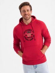 Bluza męska kangurka z nadrukiem - czerwona V2 - Rozmiar: L. Czerwone bluzy nierozpinane męskie Ombre Clothing, l, bez wzorów, z bawełny, bez ramiączek, z kapturem. W wyprzedaży za 59.99 zł.