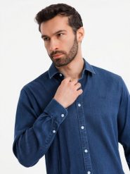 Męska jeansowa koszula z lyocellem oraz haftem na piersi – ciemnoniebieska V1 OM-SHDS-0180 - XXL. Niebieskie koszule męskie Ombre Clothing, l, bez wzorów, z denimu, bez kołnierzyka, bez ramiączek. Za 119.99 zł.