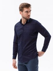 Koszula męska we wzór paisley REGULAR FIT - granatowo-czerwona. Niebieskie koszule męskie Ombre Clothing, m, bez wzorów, z bawełny, bez kołnierzyka, bez ramiączek. W wyprzedaży za 39.99 zł.