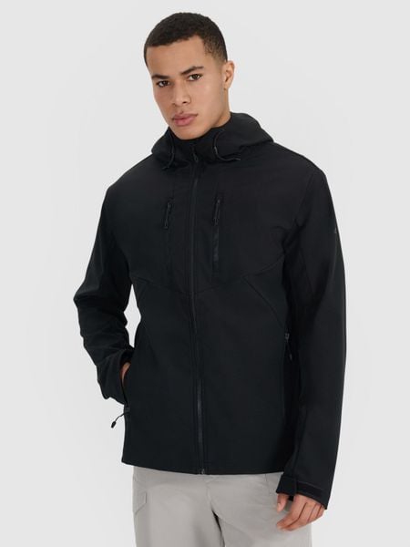4F Kurtka softshell wiatroodporna membrana 8000 męska - czarna L. Czarne kurtki męskie 4f, l, bez wzorów, z dzianiny, z kapturem, windstopper. Za 349.99 zł.