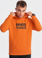Ombre Męska bluza kangurka z kapturem i nadrukiem - pomarańczowa V1 OM-SSPS-0155 XXL. Brązowe bluzy nierozpinane męskie Ombre, m, bez wzorów, bez ramiączek, z kapturem. Za 59.99 zł.