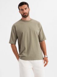 Męski t-shirt bawełniany LOOSE FIT z okrągłym dekoltem – khaki V8 OM-TSBC-0234 - XXL. Brązowe t-shirty męskie Ombre Clothing, l, bez wzorów, z bawełny, bez kołnierzyka, bez ramiączek. Za 77.99 zł.