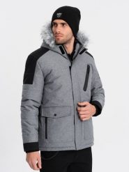 Zimowa kurtka męska z regulowanym kapturem z odpinanym futerkiem - szaro-czarna V1 - Rozmiar: XXL. Szare kurtki męskie Ombre Clothing, na zimę, m, bez wzorów, bez ramiączek. W wyprzedaży za 199.99 zł.