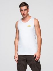 Bawełniany męski tank top z nadrukiem Summer Vibe – biały V2 - Rozmiar: S. Białe t-shirty sportowe męskie Ombre Clothing, m, bez wzorów, z bawełny, eleganckie, bez ramiączek. W wyprzedaży za 39.99 zł.