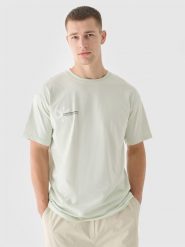 4F T-shirt oversize z nadrukiem męski - turkusowy L. Niebieskie t-shirty męskie 4f, l, bez wzorów, z bawełny, bez kołnierzyka, bez ramiączek. W wyprzedaży za 29.99 zł.