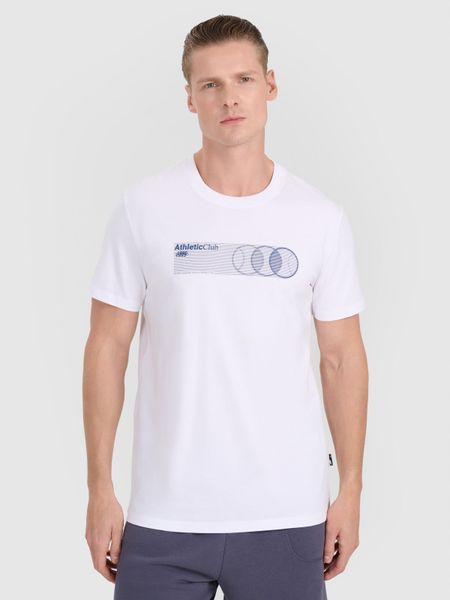 4F T-shirt regular z nadrukiem męski - biały XL. Białe t-shirty męskie 4f, m, bez wzorów, z bawełny, klasyczne, bez ramiączek. W wyprzedaży za 49.99 zł.