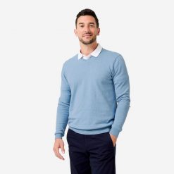 Sweter do golfa męski MW100 dekolt w serek. Niebieskie swetry męskie INESIS, bez wzorów, z bawełny, eleganckie, bez kołnierzyka, bez ramiączek. Za 69.99 zł.