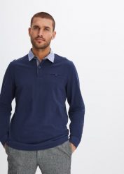 Bluzka polo z bawełnianej piki, długi rękaw. Niebieskie koszulki polo męskie bonprix, l, z aplikacjami, z bawełny, bez kołnierzyka, bez ramiączek. Za 114.99 zł.