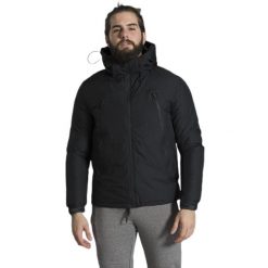 Miejska męska kurtka z kapturem. Czarne kurtki męskie LEONE 1947 APPAREL, m, bez wzorów, z poliesteru, bez ramiączek, z kapturem. W wyprzedaży za 394.06 zł.