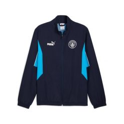 Kurtka z dresu Manchester City 2024/25. Niebieskie kurtki męskie Puma, bez wzorów, z dresówki, sportowe, bez ramiączek, bez kaptura. W wyprzedaży za 252.00 zł.